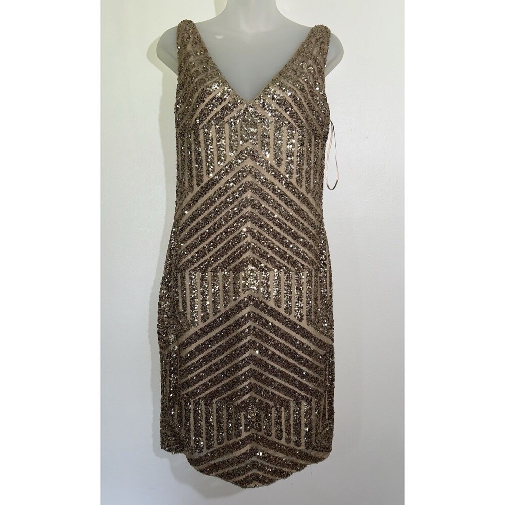 Lauren Ralph Lauren Sequin Dress Gold Art Deco Cocktail Holiday Party Sz 10